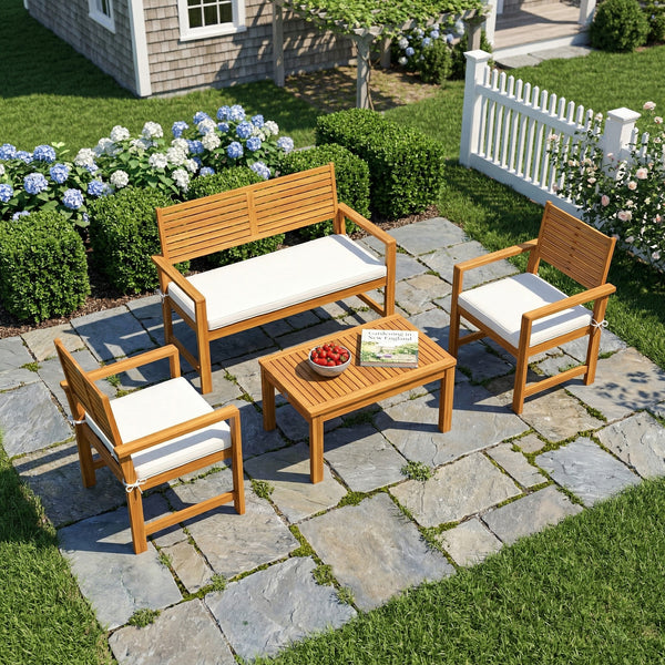 4 Seater Wooden Garden Furniture Set with Loveseat, 2 Armchairs, Wood-Top Table, Acacia Wood Garden Sofa Set with Cushions, Outdoor Furniture Conversation Sets, Cream White