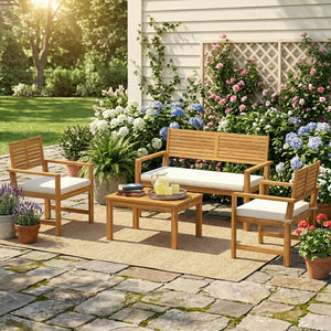 4 Seater Wooden Garden Furniture Set with Loveseat, 2 Armchairs, Wood-Top Table, Acacia Wood Garden Sofa Set with Cushions, Outdoor Furniture Conversation Sets, Cream White