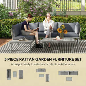 3 Piece L Shaped Rattan Garden Furniture Set, 4 Seater Wicker Outdoor Corner Sofa Set with 2 Loveseats, Wide and Deep Seating, Acacia Wood Top Coffee Table and Thick Cushions, Grey