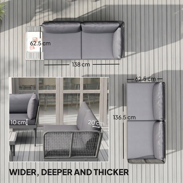 3 Piece L Shaped Rattan Garden Furniture Set, 4 Seater Wicker Outdoor Corner Sofa Set with 2 Loveseats, Wide and Deep Seating, Acacia Wood Top Coffee Table and Thick Cushions, Grey