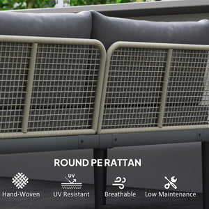 3 Piece L Shaped Rattan Garden Furniture Set, 4 Seater Wicker Outdoor Corner Sofa Set with 2 Loveseats, Wide and Deep Seating, Acacia Wood Top Coffee Table and Thick Cushions, Grey