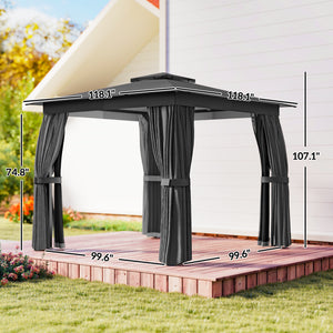 10' x 10' Outdoor Patio Gazebo, Soft Top Gazebo Canopy Shelter with Double Roof, Curtains, Netting, Steel Frame, UPF30+ Protection, Ceiling Hook for Lawn, Backyard, Deck, Dark Gray