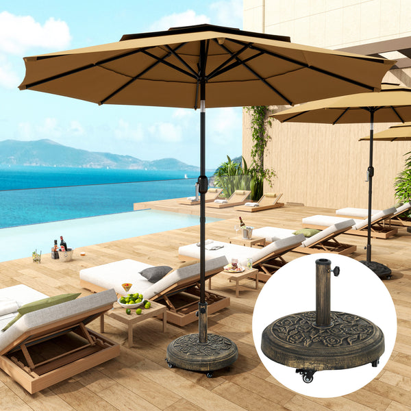 Round Patio Umbrella Base, 46 lbs Resin Umbrella Base with Wheels, Outdoor Umbrella Stand for 1.3"/1.5"/1.9" Umbrella Poles for Outdoor, Lawn, Poolside, Bronze