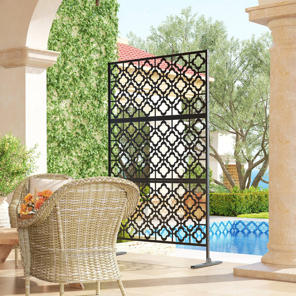 Metal Outdoor Privacy Screen, 78" x 48" Freestanding Outdoor Divider with Stand, Decorative Privacy Panel with Quatrefoil Cut-out Design for Garden Patio Backyard, Black