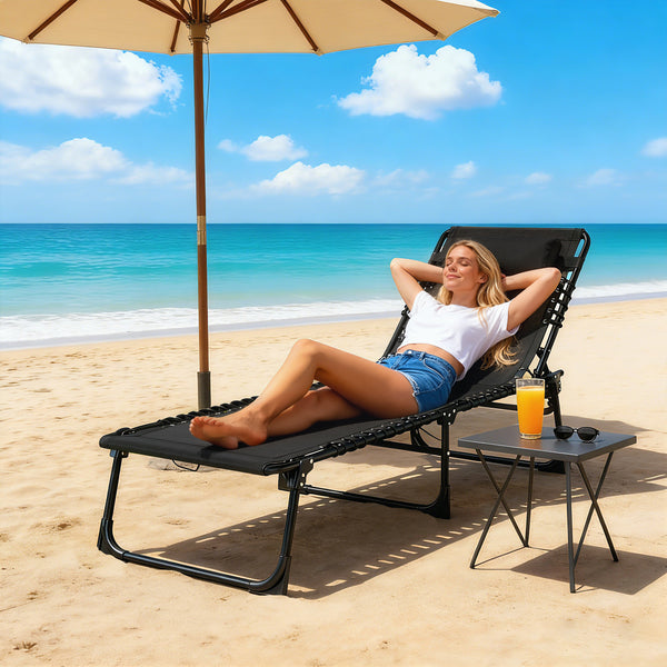 Folding Chaise Lounge Chair, Patio Sun Tanning Chair, Outdoor Chaise Lounger with 4-Position Reclining Back, Breathable Mesh Seat for Beach, Poolside, Yard, Black