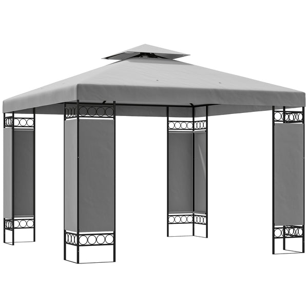 10 x 10 FT Canopy Gazebo, Double Roof Outdoor Gazebo with Screen Panels and Metal Frame, Patio Gazebo for Poolside, Garden, Deck, Backyard, Light Grey