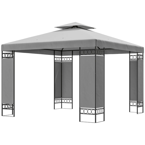10 x 10 FT Canopy Gazebo, Double Roof Outdoor Gazebo with Screen Panels and Metal Frame, Patio Gazebo for Poolside, Garden, Deck, Backyard, Light Grey