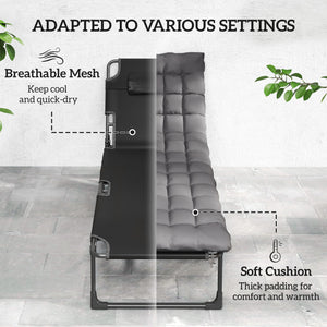 Lounge Chair Outdoor Set of 2, 75 cm Wide Folding Chaise Lounge Tanning Chair, 5-Position Beach Patio Lounger Camping Cot Bed with Cushion, Side Pocket, Dark Grey