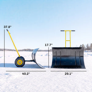 Snow Shovel with Wheels, 29" x 18" Heavy Duty Metal Snow Pusher with 5-Level Adjustable Handle, 7-Angle Blade, Bottom Wear Strip for Driveway, Sidewalks, Garden, Deck, Yellow