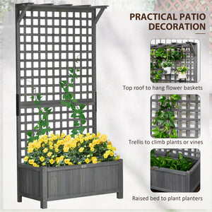 Outsunny Wood Planter with Trellis, Raised Garden Bed for Climbing Plants w/ Drainage Holes and Roof, 35.5" x 17.75" x 72", Dark Gray