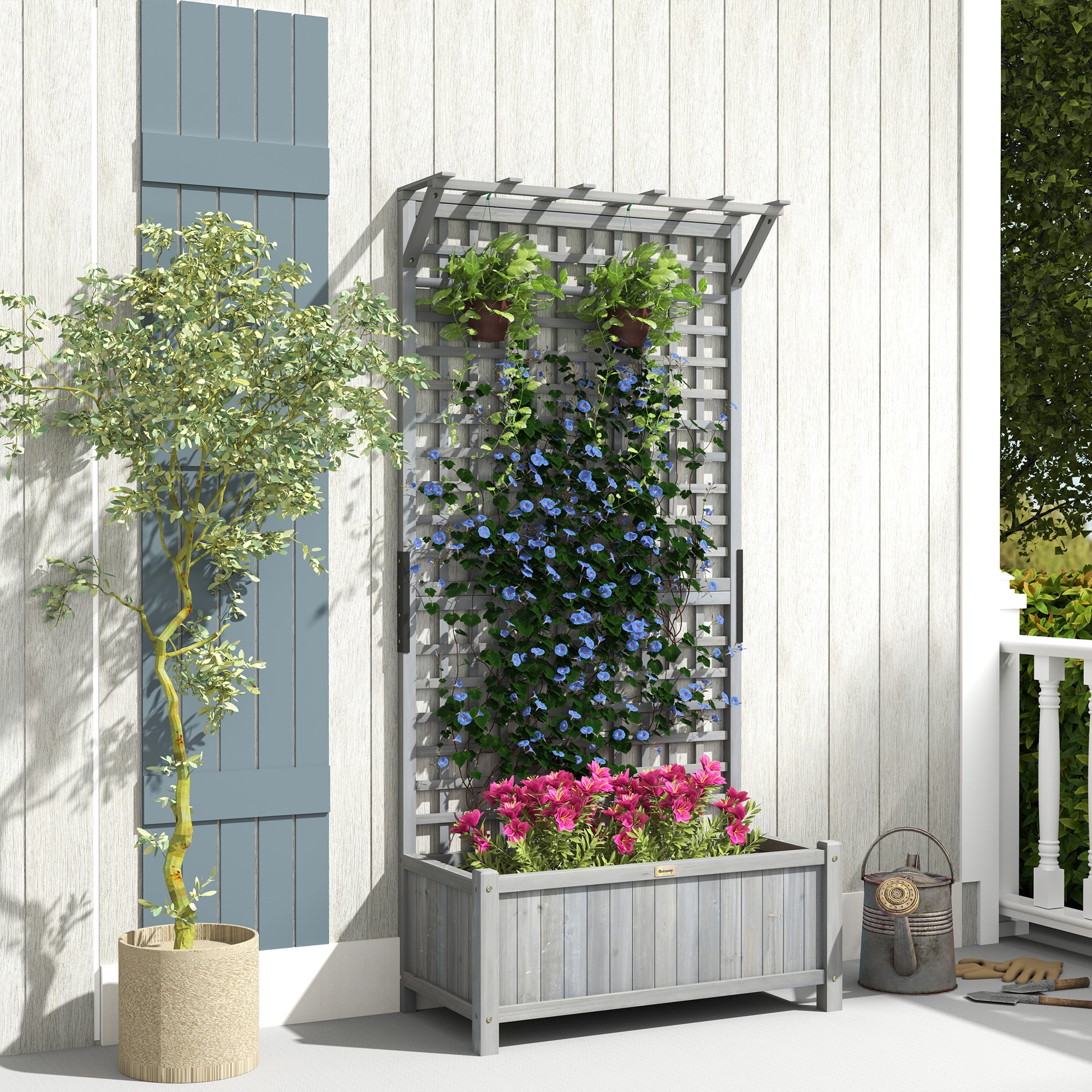 trellis planter screen Outsunny Raised Garden Bed, Wood Planter with Trellis for Vine Climbing, Privacy Screen Planter Box to Grow Vegetables, Herbs, and Flowers for B