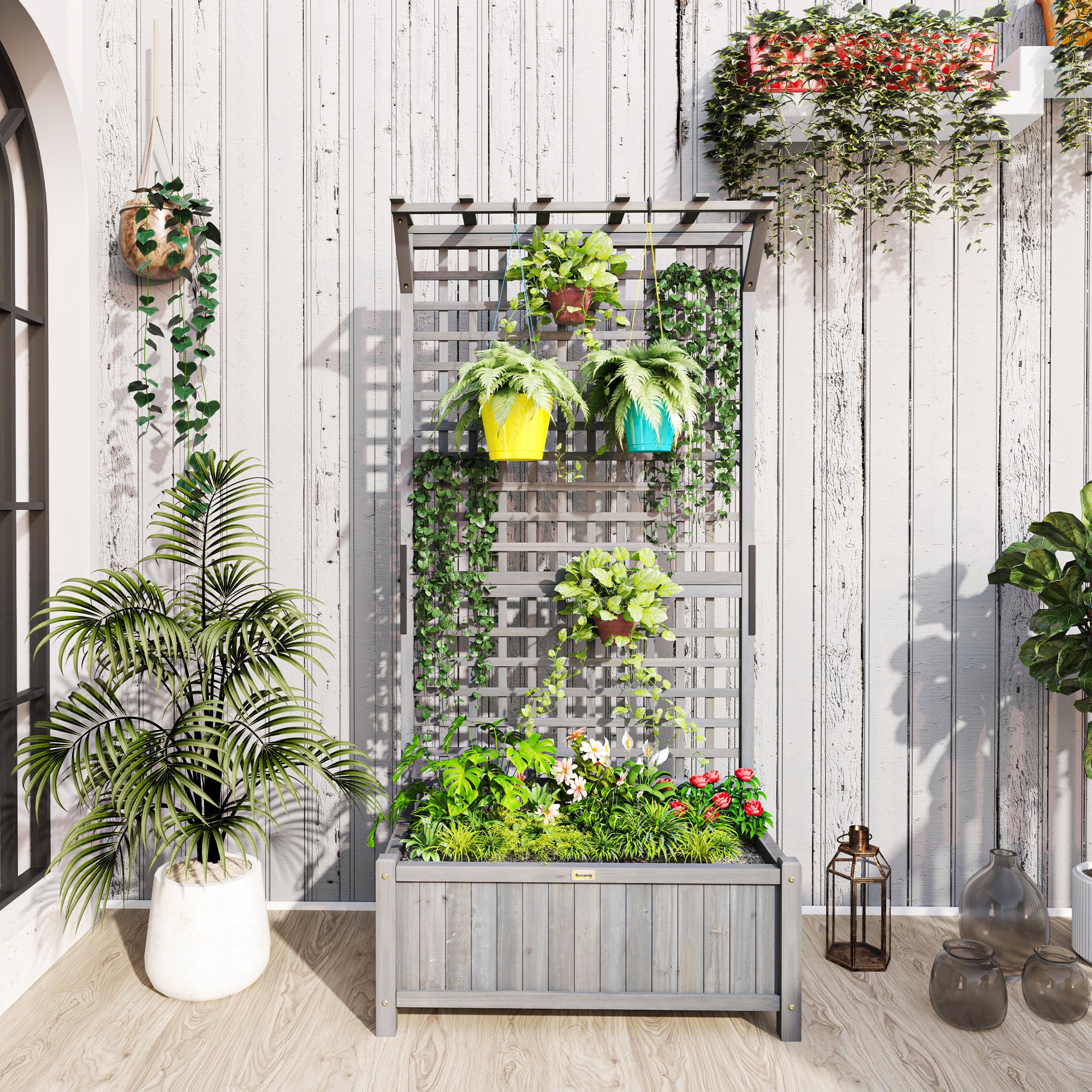 plants for planter with trellis Outsunny Raised Garden Bed, Wood Planter with Trellis for Vine Climbing, Privacy Screen Planter Box to Grow Vegetables, Herbs, and Flowers for B