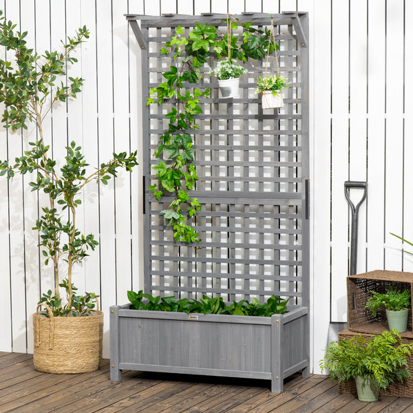 Outsunny Wood Planter with Trellis, Raised Garden Bed for Climbing Plants w/ Drainage Holes and Roof, 35.5" x 17.75" x 72", Dark Gray