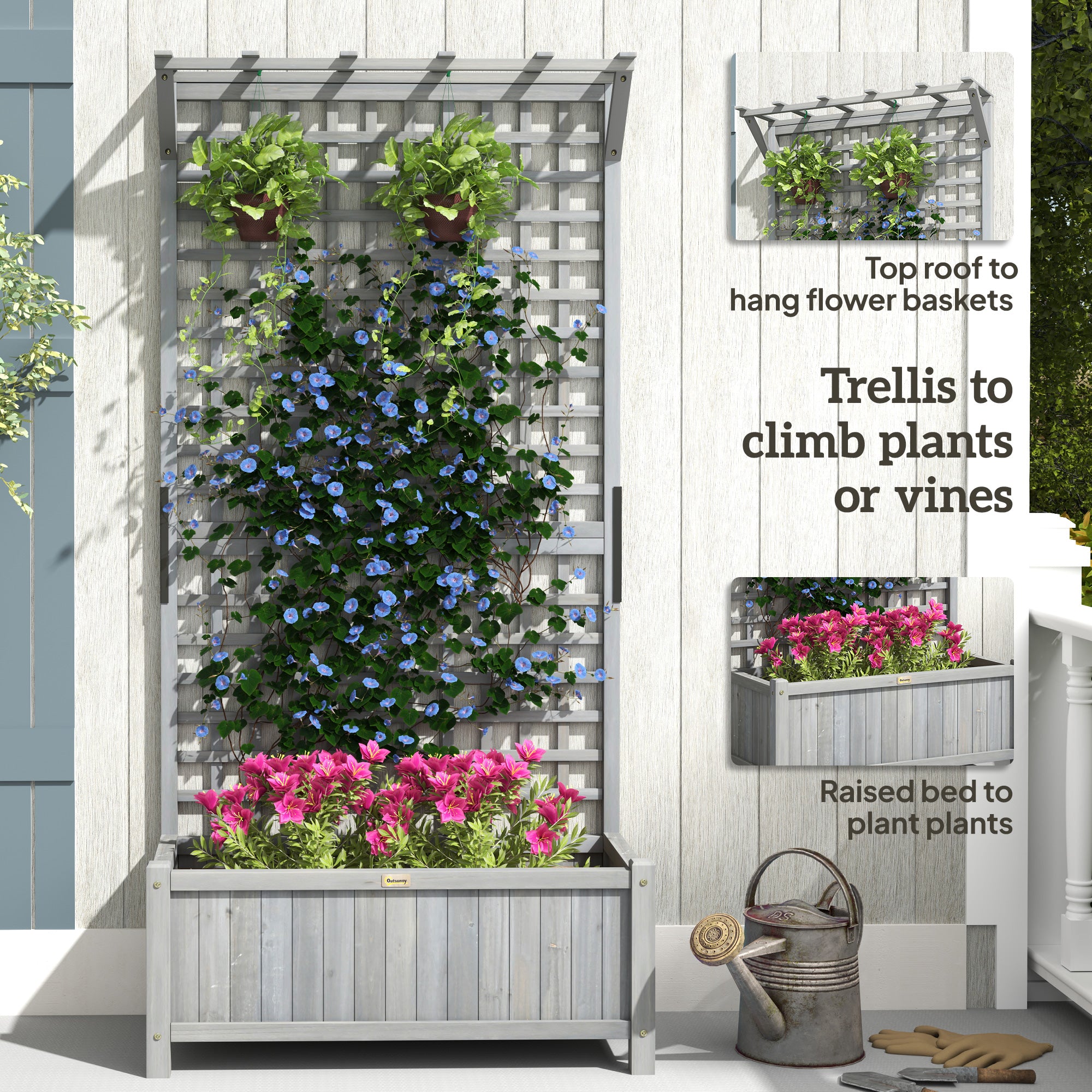 wayfair planter box with trellis Outsunny Raised Garden Bed, Wood Planter with Trellis for Vine Climbing, Privacy Screen Planter Box to Grow Vegetables, Herbs, and Flowers for B