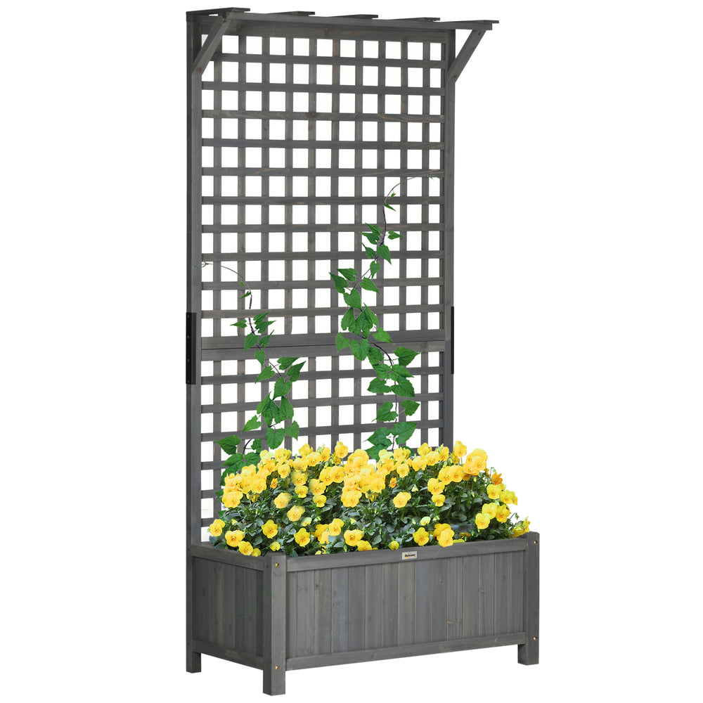 Outsunny Wood Planter with Trellis, Raised Garden Bed for Climbing Plants w/ Drainage Holes and Roof, 35.5" x 17.75" x 72", Dark Gray