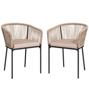 Garden Chairs Set of 2, Rattan Garden Dining Chairs with String Back and Armrests, Metal Frame Outdoor Chair Set with Cushion for Patio, Balcony, Terrace, Natural Wood Finish