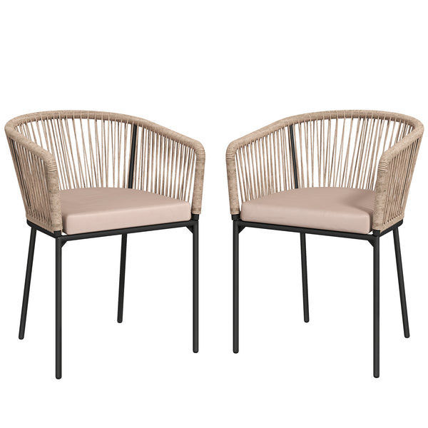 Garden Chairs Set of 2, Rattan Garden Dining Chairs with String Back and Armrests, Metal Frame Outdoor Chair Set with Cushion for Patio, Balcony, Terrace, Natural Wood Finish