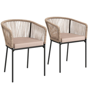 Garden Chairs Set of 2, Rattan Garden Dining Chairs with String Back and Armrests, Metal Frame Outdoor Chair Set with Cushion for Patio, Balcony, Terrace, Natural Wood Finish
