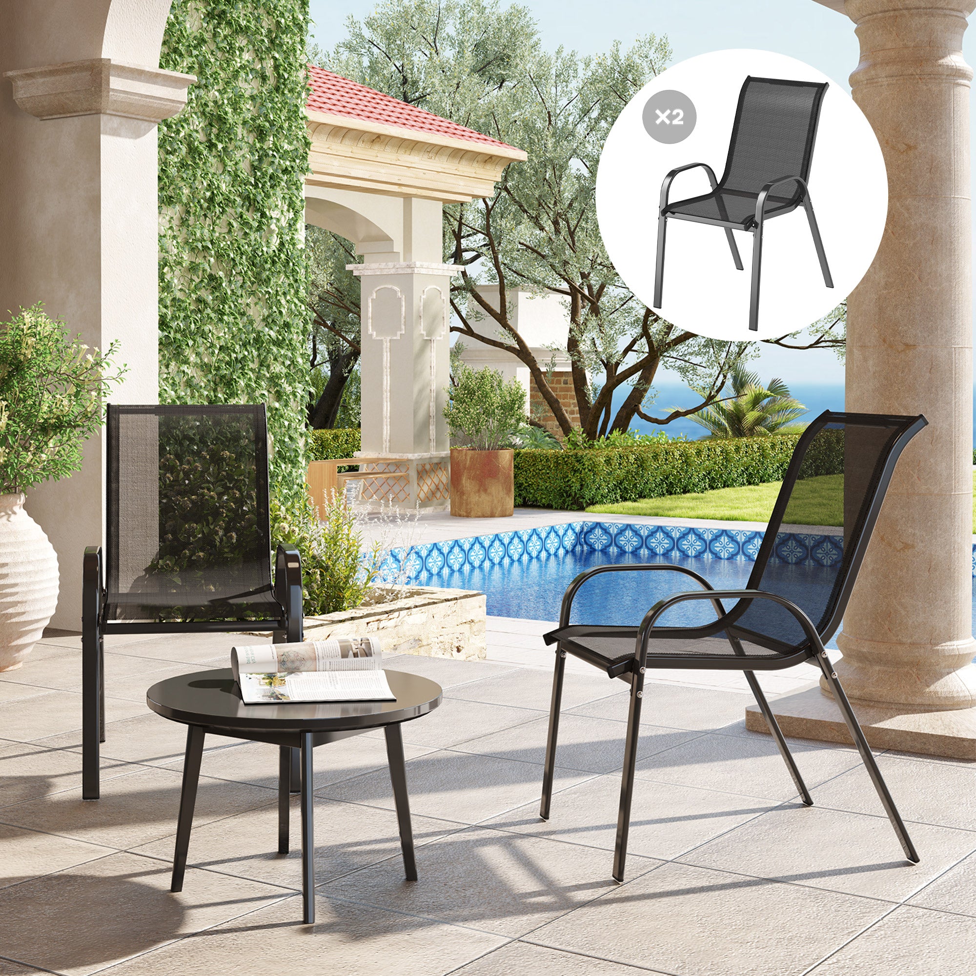 Set of Outdoor Stackable Chairs with High Back Breathable Mesh Seat, Black