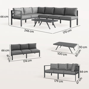 3 Pieces Garden Furniture Set, Aluminium Corner Lounge Set with Adjustable Backrest and Coffee Table, Outdoor Conversation Furniture with Cushions, Dark Grey
