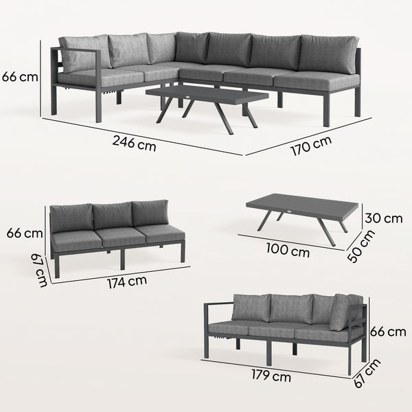 3 Pieces Garden Furniture Set, Aluminium Corner Lounge Set with Adjustable Backrest and Coffee Table, Outdoor Conversation Furniture with Cushions, Dark Grey