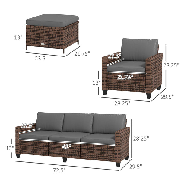 Outsunny 5 Piece Patio Furniture Set with Cushions, Outdoor Conversation Set with Rattan 3-Seater Sofa, Chairs & Footstools for Backyard, Lawn and Pool, Mixed Brown