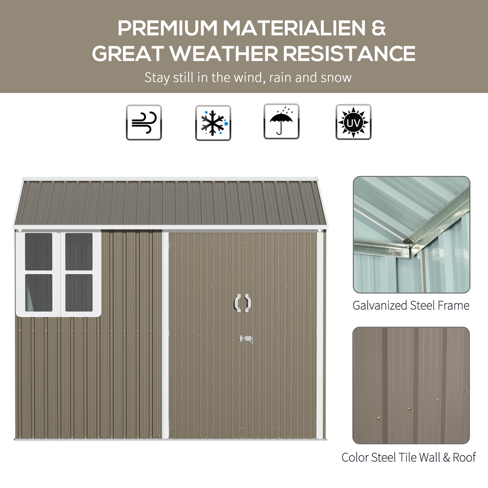 Domi Outdoor Living 8.2' X 6.2' Metal Garden Shed – Dark Gray, Lockable A-Frame Roof, 151.9 Lbs