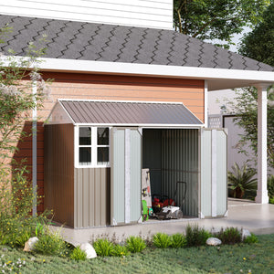 Outsunny 8' x 5.5' Outdoor Storage Shed, Metal Garden Shed with Window & Double Lockable Door, Outdoor Tool Shed Storage with Sloped Roof for Backyard, Patio, Garage, Lawn, Gray