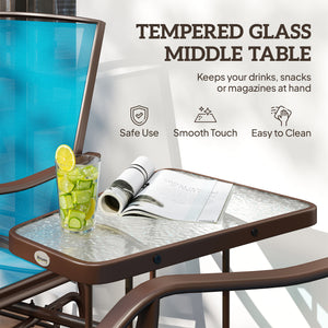 Double Patio Glider Chair with Glass Top Center Table, Outdoor Glider Loveseat with High Back,  All Weather Breathable Mesh Fabric for Garden, Backyard, Deck, Blue