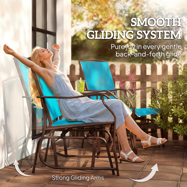 Double Patio Glider Chair with Glass Top Center Table, Outdoor Glider Loveseat with High Back,  All Weather Breathable Mesh Fabric for Garden, Backyard, Deck, Blue