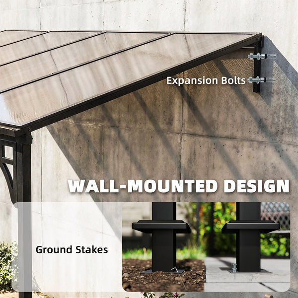 13' x 10' Lean to Gazebo, Hardtop Wall Mounted Outdoor Pergola with Polycarbonate Roof and Metal-Aluminium Frame, Heavy Duty Metal Pergola for Patio Deck Backyard, Brown