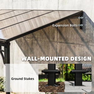 4 x 3 m Metal Lean-to Pergola, Wall-Mounted Garden Pergola with Polycarbonate Roof and Metal-Aluminium Frame, Heavy Duty Hardtop Gazebo for Outdoor Patios, BBQ, Brown