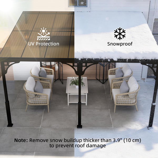 4 x 3 m Metal Lean-to Pergola, Wall-Mounted Garden Pergola with Polycarbonate Roof and Metal-Aluminium Frame, Heavy Duty Hardtop Gazebo for Outdoor Patios, BBQ, Brown