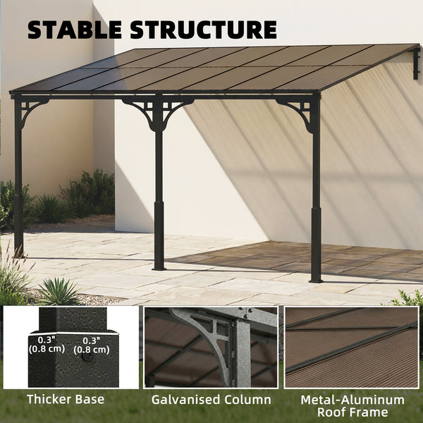 13' x 10' Lean to Gazebo, Hardtop Wall Mounted Outdoor Pergola with Polycarbonate Roof and Metal-Aluminium Frame, Heavy Duty Metal Pergola for Patio Deck Backyard, Brown