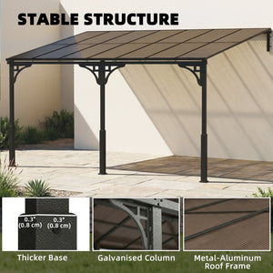 4 x 3 m Metal Lean-to Pergola, Wall-Mounted Garden Pergola with Polycarbonate Roof and Metal-Aluminium Frame, Heavy Duty Hardtop Gazebo for Outdoor Patios, BBQ, Brown