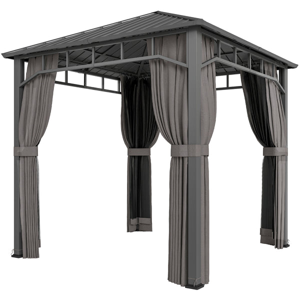 2.5 x 2.5 m Hardtop Gazebo with Galvanised Steel Roof, Waterproof Permanent Pavilion Garden Gazebo with Netting and Curtains for Patio, Deck, Dark Grey