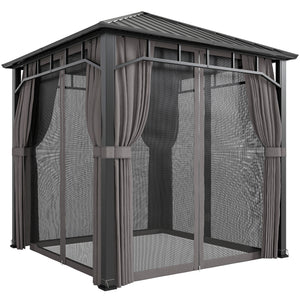 2.5 x 2.5 m Hardtop Gazebo with Galvanised Steel Roof, Waterproof Permanent Pavilion Garden Gazebo with Netting and Curtains for Patio, Deck, Dark Grey