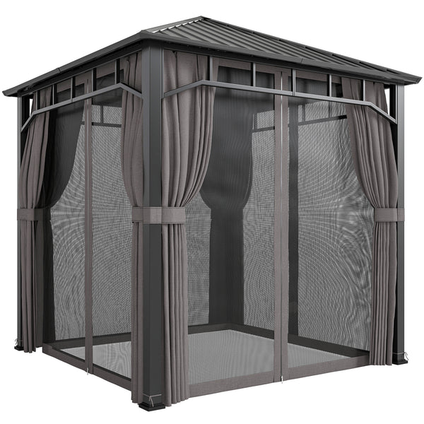 2.5 x 2.5 m Hardtop Gazebo with Galvanised Steel Roof, Waterproof Permanent Pavilion Garden Gazebo with Netting and Curtains for Patio, Deck, Dark Grey