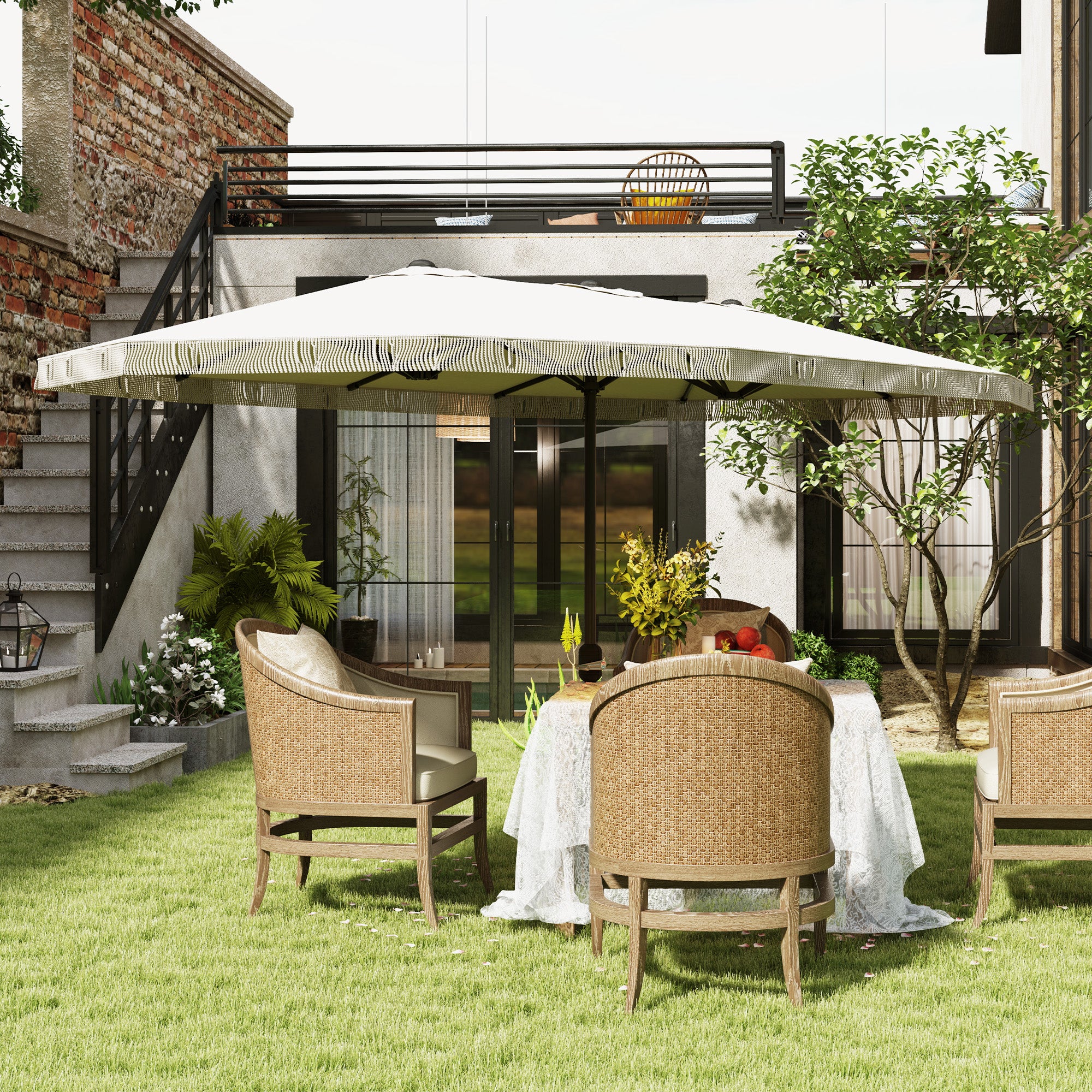big umbrella patio Outsunny 15ft Rectangle Patio Umbrella UPF30+ Extra Large Outdoor Umbrella with Fringe and Crank Handle, Cream White