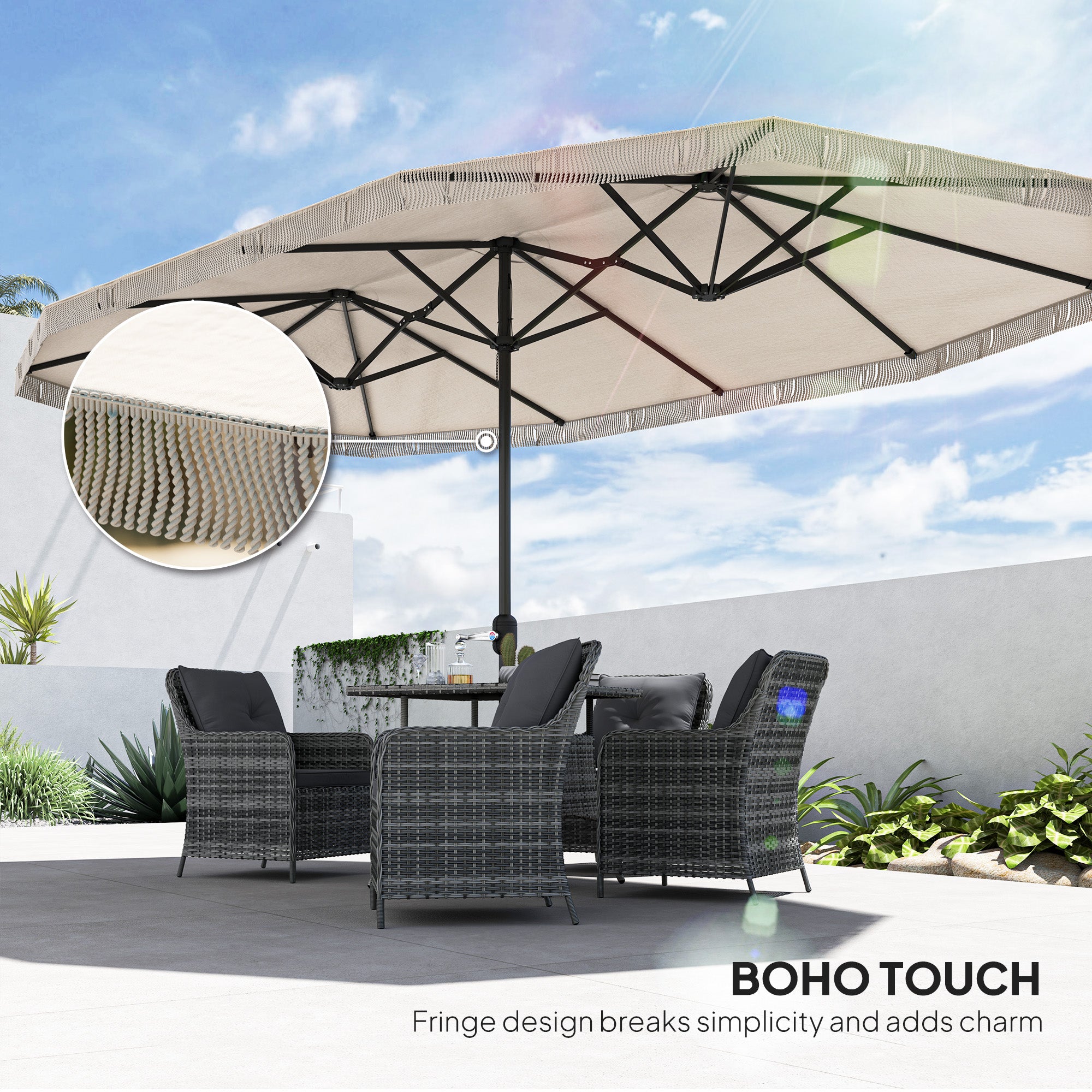 extra large patio umbrella and stand Outsunny 15ft Rectangle Patio Umbrella UPF30+ Extra Large Outdoor Umbrella with Fringe and Crank Handle, Cream White