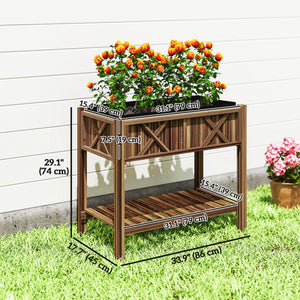Wooden Raised Garden Bed, Elevated Planter Box with Storage Shelf, Drainage Holes and Liner for Backyard, Patio, Balcony, 34" x 18" x 30", Carbonized