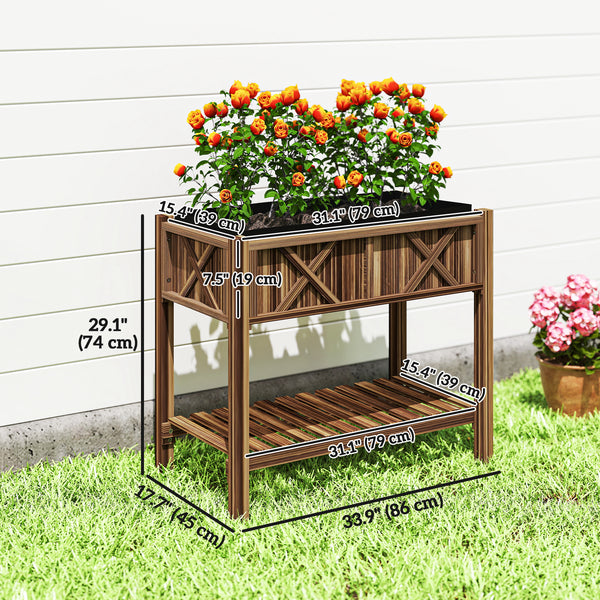 Wooden Raised Garden Bed, Elevated Planter Box with Storage Shelf, Drainage Holes and Liner for Backyard, Patio, Balcony, 34" x 18" x 30", Carbonized