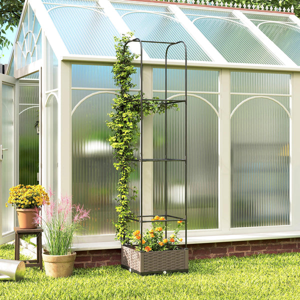 Raised Garden Bed with Trellis, Self Watering Plastic Planter Box with Drainage Holes, Drain Plugs and Water Reservoirs for Climbing Plants, Vegetables, Flowers, 40 x 40 x 179 cm, Black