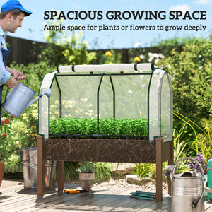 Raised Garden Bed with PE Greenhouse Cover Outdoor Elevated Wood Planter Box for Herbs and Vegetables, Use for Patio, Backyard, Balcony, 48 x 22 x 46 inch, Brown