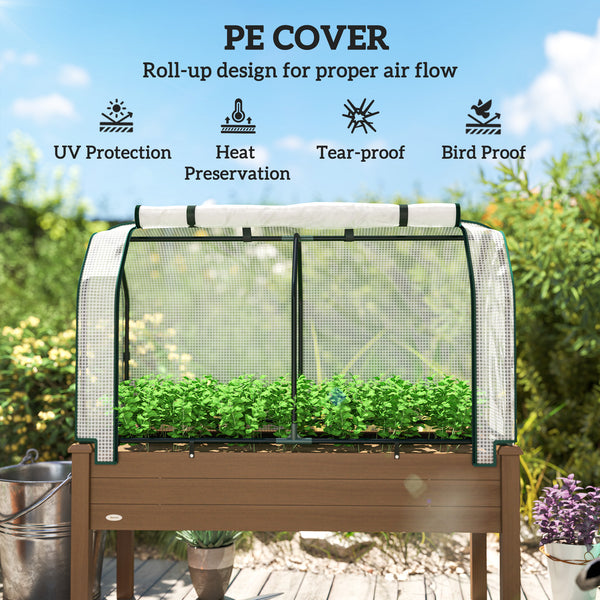 Raised Garden Bed with PE Greenhouse Cover Outdoor Elevated Wood Planter Box for Herbs and Vegetables, Use for Patio, Backyard, Balcony, 48 x 22 x 46 inch, Brown