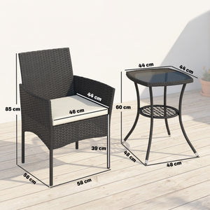 3 Piece Rattan Bistro Set, PE Wicker Garden Furniture Conversation Set, 2 Tier Glass-Top Bistro Table and Chairs for 2 with Cushions for Patio, Balcony, Porch, Cream White