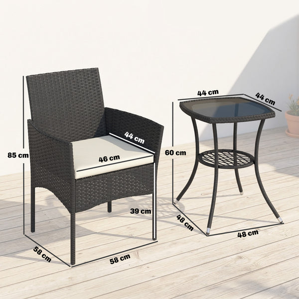 3 Piece Rattan Bistro Set, PE Wicker Garden Furniture Conversation Set, 2 Tier Glass-Top Bistro Table and Chairs for 2 with Cushions for Patio, Balcony, Porch, Cream White