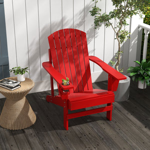 Outsunny Wooden Adirondack Chair, Outdoor Patio Lawn Chair with Cup Holder, Weather Resistant Lawn Furniture, Classic Lounge for Deck, Garden, Backyard, Fire Pit, Red