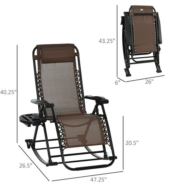 Outsunny Outdoor Rocking Chairs, Foldable Reclining Zero Gravity Lounge Rocker with Pillow, Cup & Phone Holder, Combo Design with Folding Legs, Brown