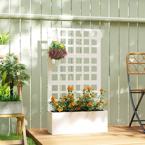 Galvanized Raised Garden Bed with Trellis, Metal Planter Box with Drainage Holes, Outdoor Privacy Screen for Climbing Plants, Vegetable, Vines, 24" x 9" x 44.5", White